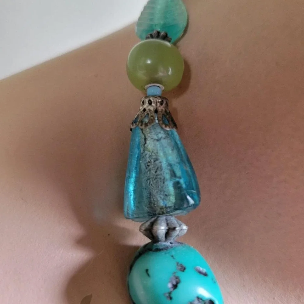 vintage mixed glass resin bead necklace turquoise green silver tone eclectic y2k